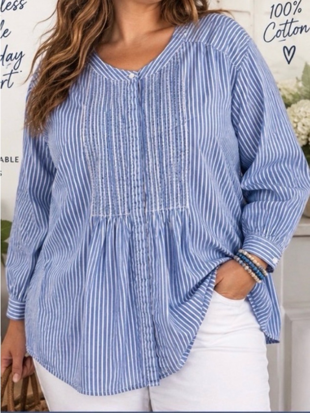 Woman Within -size 26/28 - Striped Pintuck Cotton Tunic